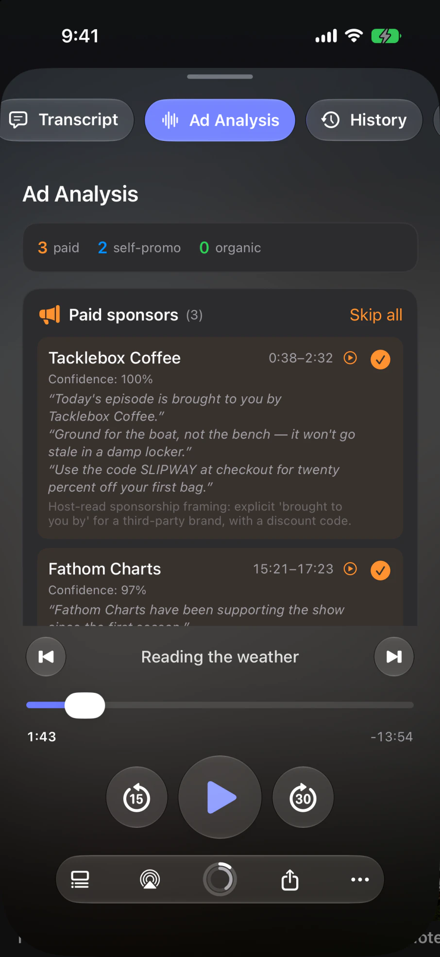 Ad Analysis listing paid sponsors and the show's own promos separately