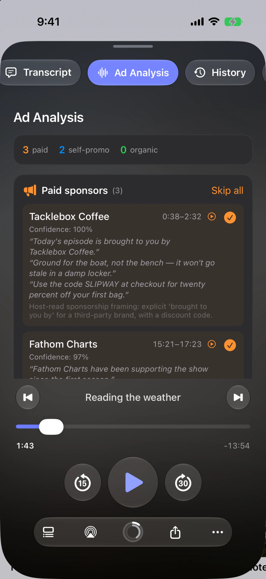 Ad Analysis listing paid sponsors and the show's own promos separately