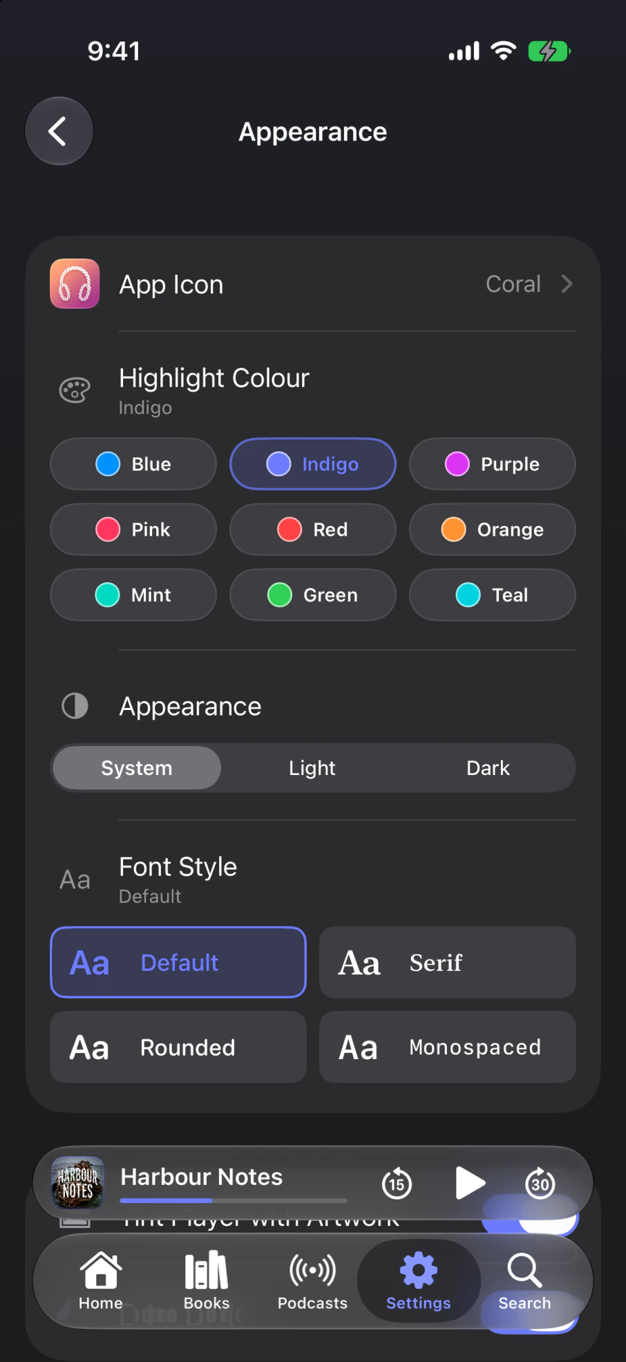 The Appearance settings screen: app icon, highlight colour, light or dark, and font style