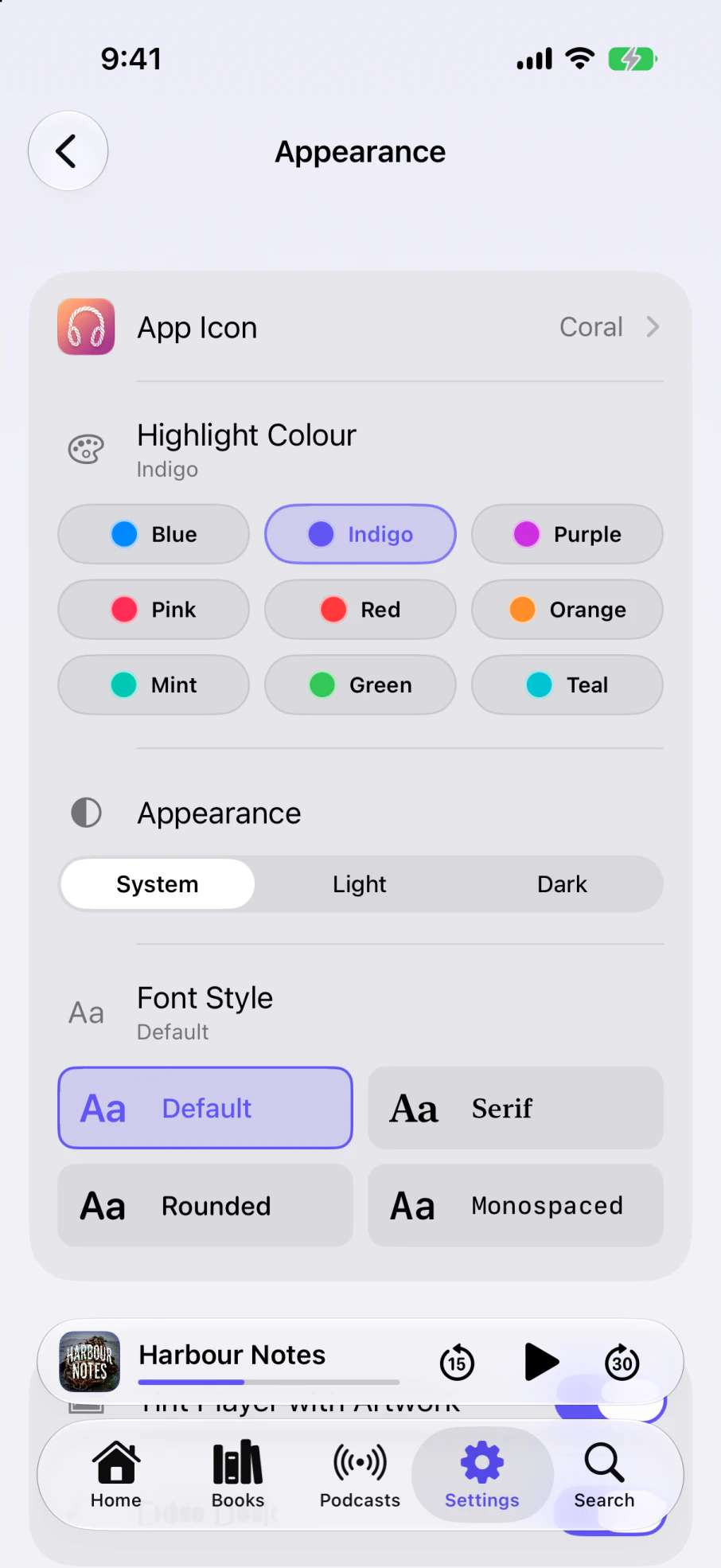 The Appearance settings screen: app icon, highlight colour, light or dark, and font style