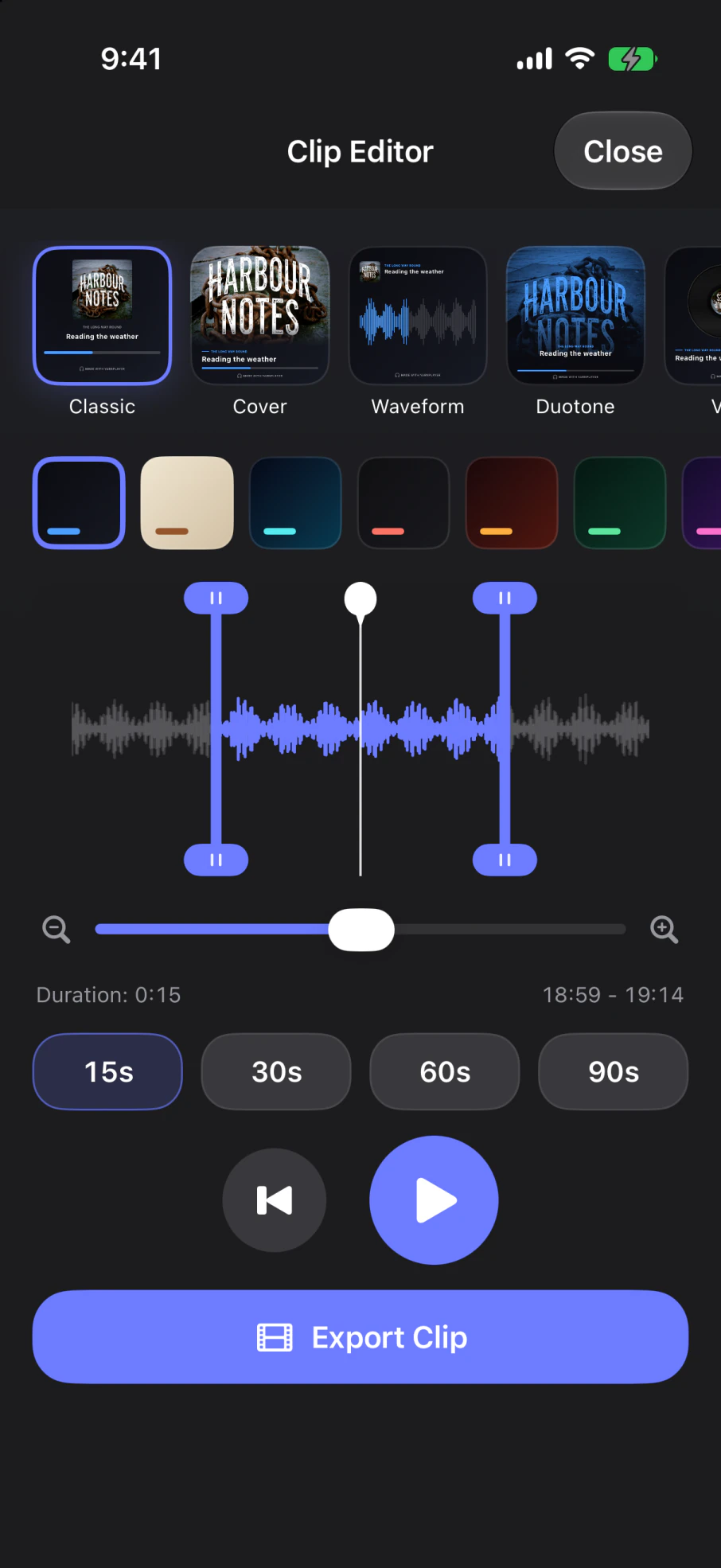 The clip editor, showing card styles, colour options and a waveform trimmer