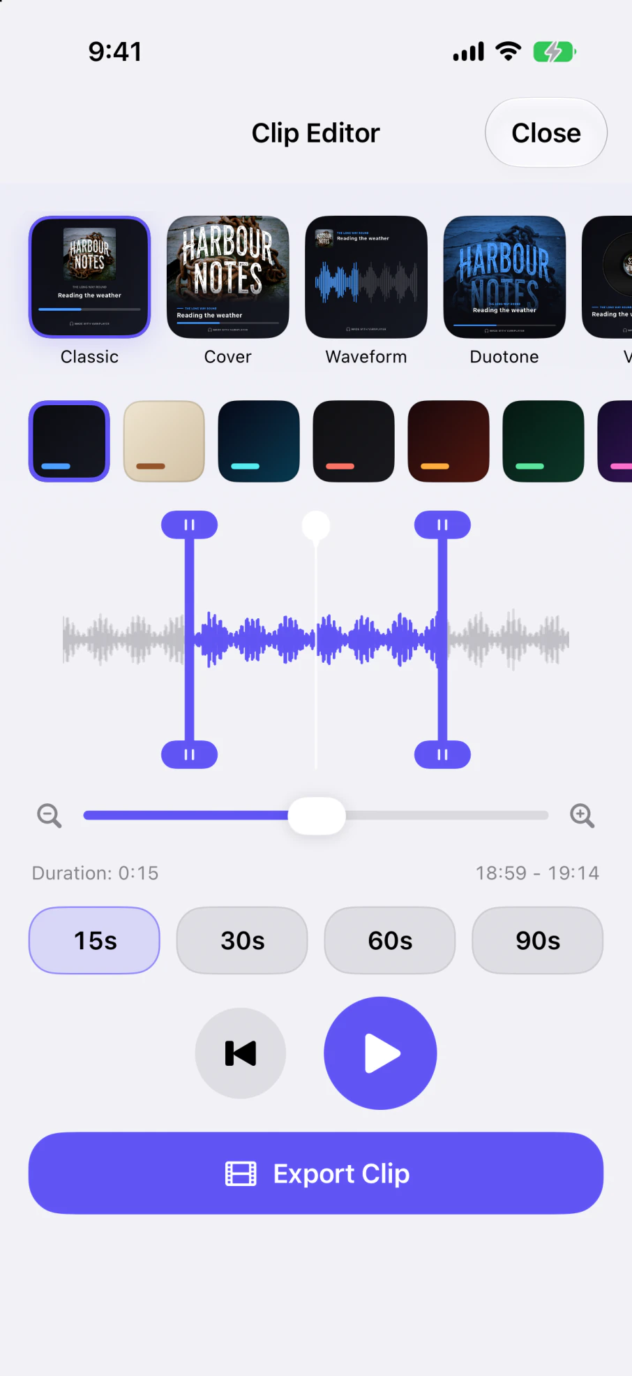 The clip editor, showing card styles, colour options and a waveform trimmer