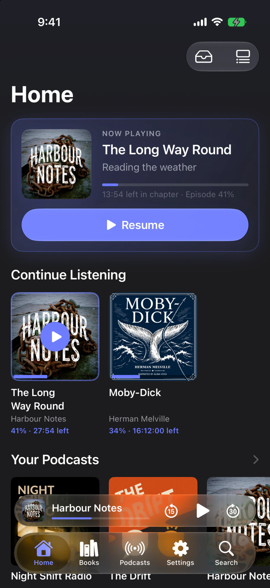 Yarnplayer Home, showing Now Playing, Continue Listening and followed shows