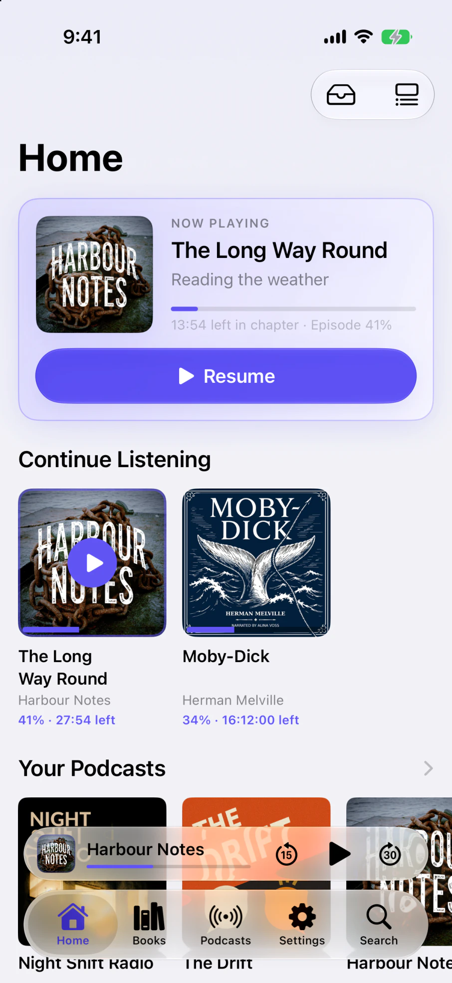Yarnplayer Home, showing Now Playing, Continue Listening and followed shows