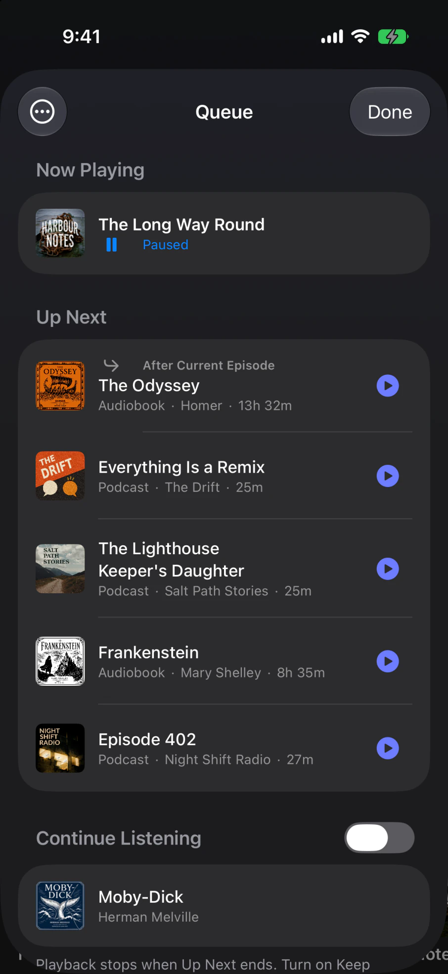 The Up Next queue with audiobook chapters and podcast episodes together