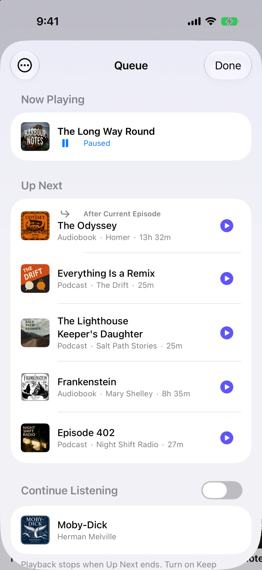 The Up Next queue with audiobook chapters and podcast episodes together