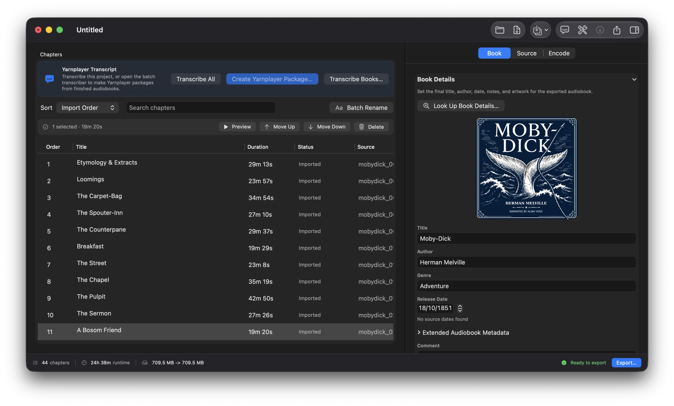 Yarnripper building Moby-Dick: 44 chapters named after the book's own, running 24 hours, with the cover and author filled in and the footer reading Ready to export