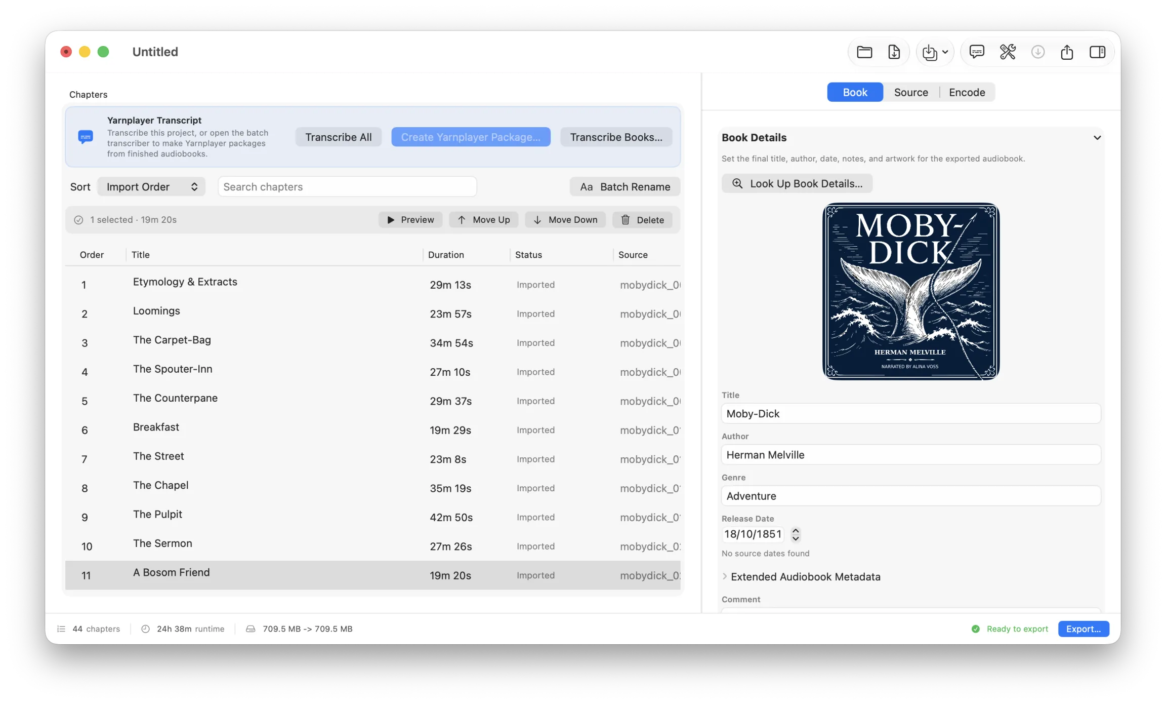 Yarnripper building Moby-Dick: 44 chapters named after the book's own, running 24 hours, with the cover and author filled in and the footer reading Ready to export