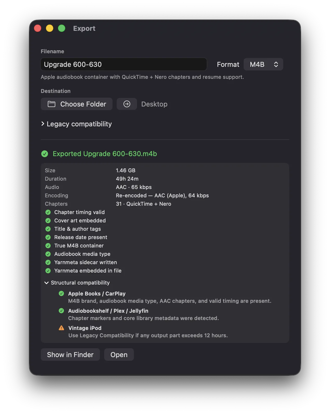 The export report for a finished M4B: size, duration, codec, 31 chapters in both QuickTime and Nero, every check passed, and a compatibility list covering Apple Books and CarPlay, Audiobookshelf, Plex and Jellyfin, and vintage iPods