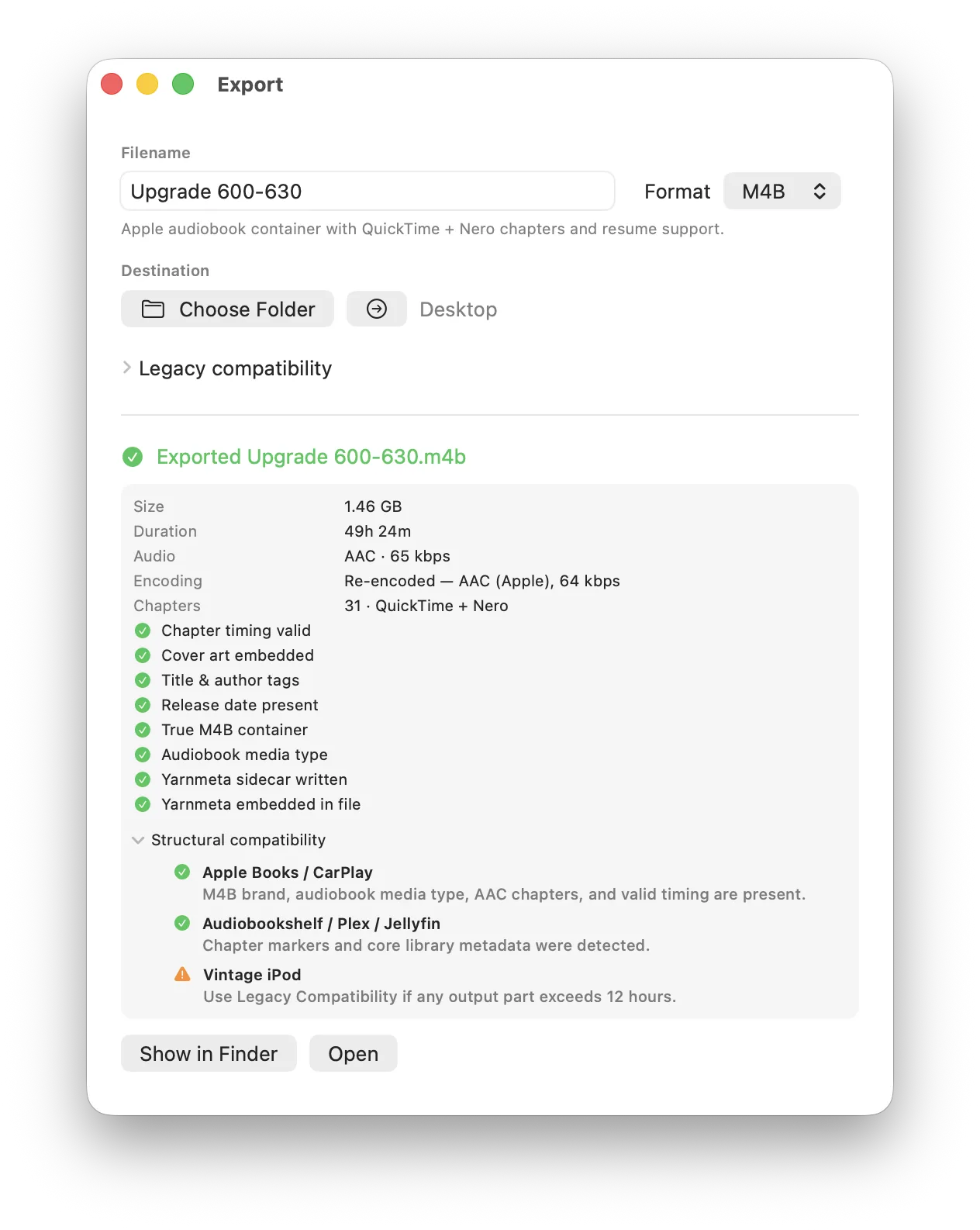 The export report for a finished M4B: size, duration, codec, 31 chapters in both QuickTime and Nero, every check passed, and a compatibility list covering Apple Books and CarPlay, Audiobookshelf, Plex and Jellyfin, and vintage iPods