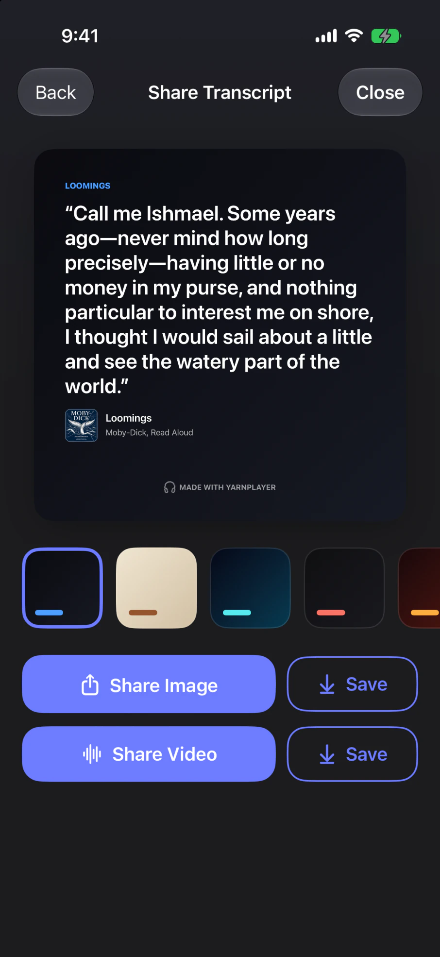 Sharing a passage of transcript as a quote card