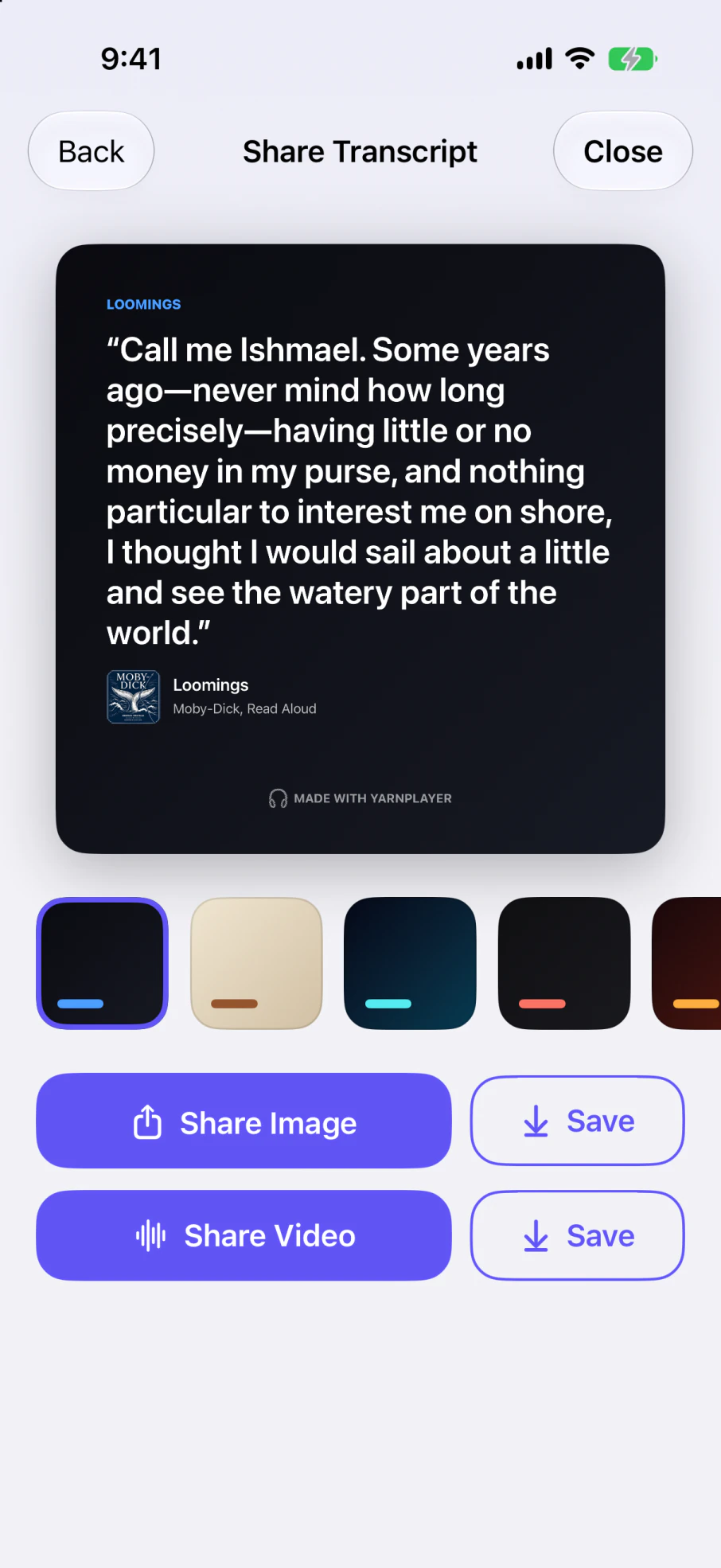 Sharing a passage of transcript as a quote card